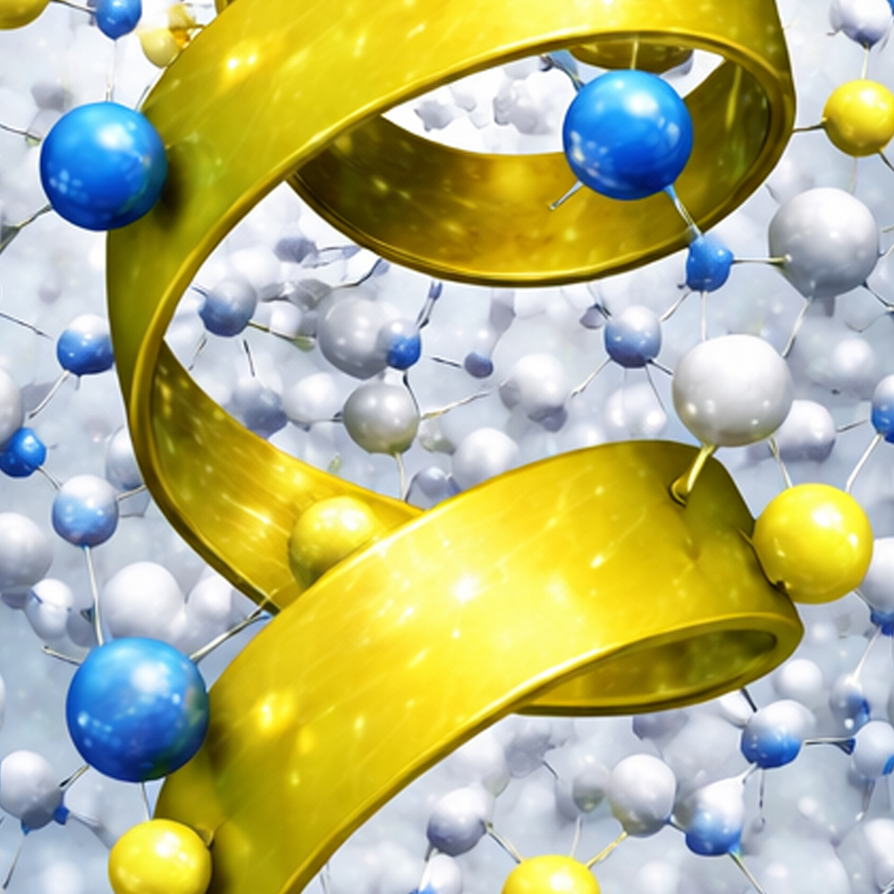 3D-молекулярная-визуализация-желтой-спиральной-белковой-структуры, окруженной-молекулярными-сетями