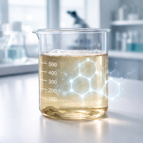 Laboratory glass beaker filled with light amber industrial cleaning agent with molecular structure overlay.jpg